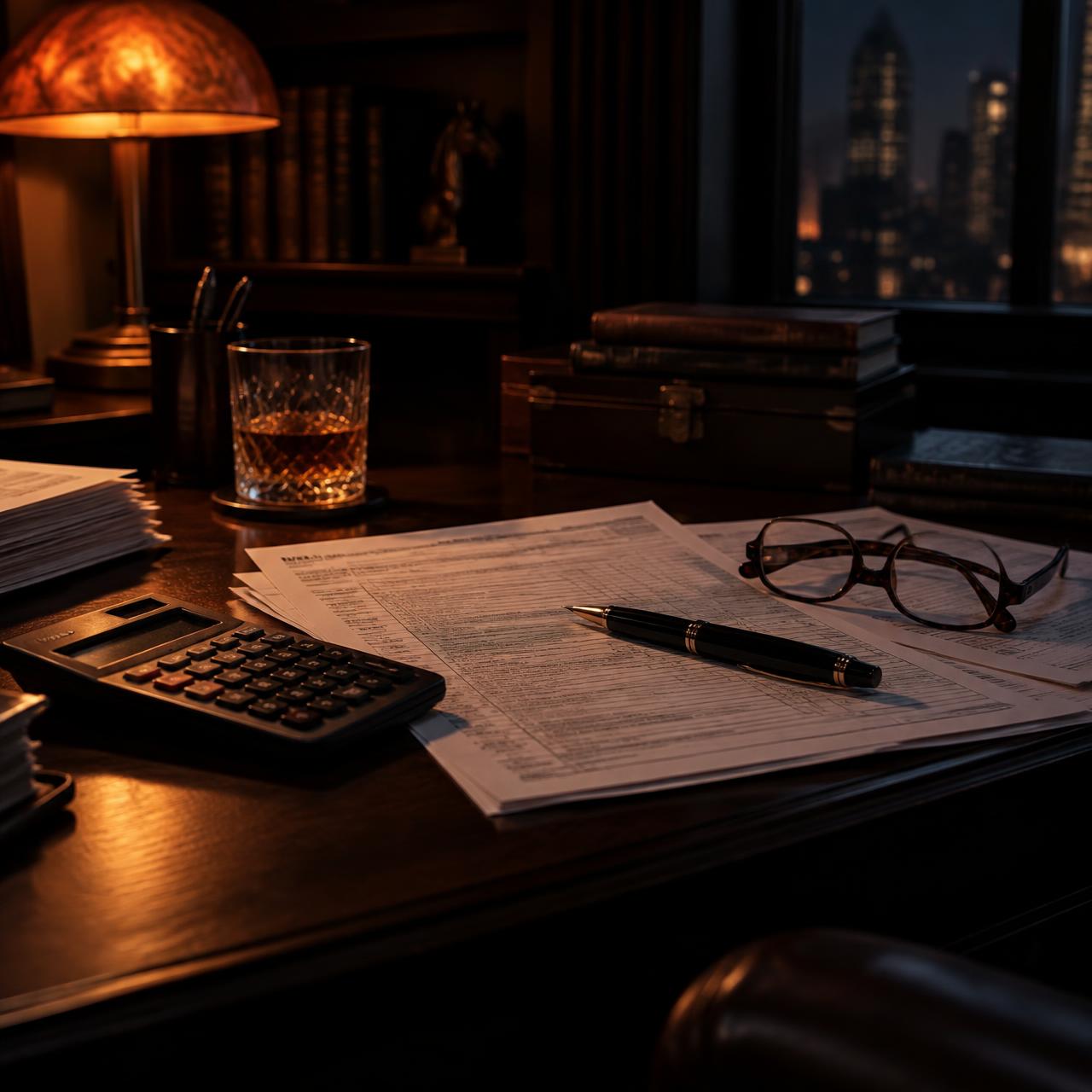 Tax forms, calculator and glasses on a desk under warm lamp light